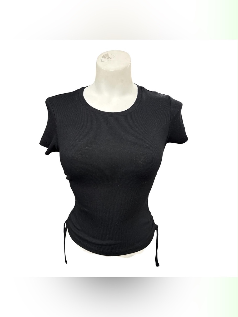 Guess Black Ribbed Short Sleeve Top with Side Drawstrings Size S